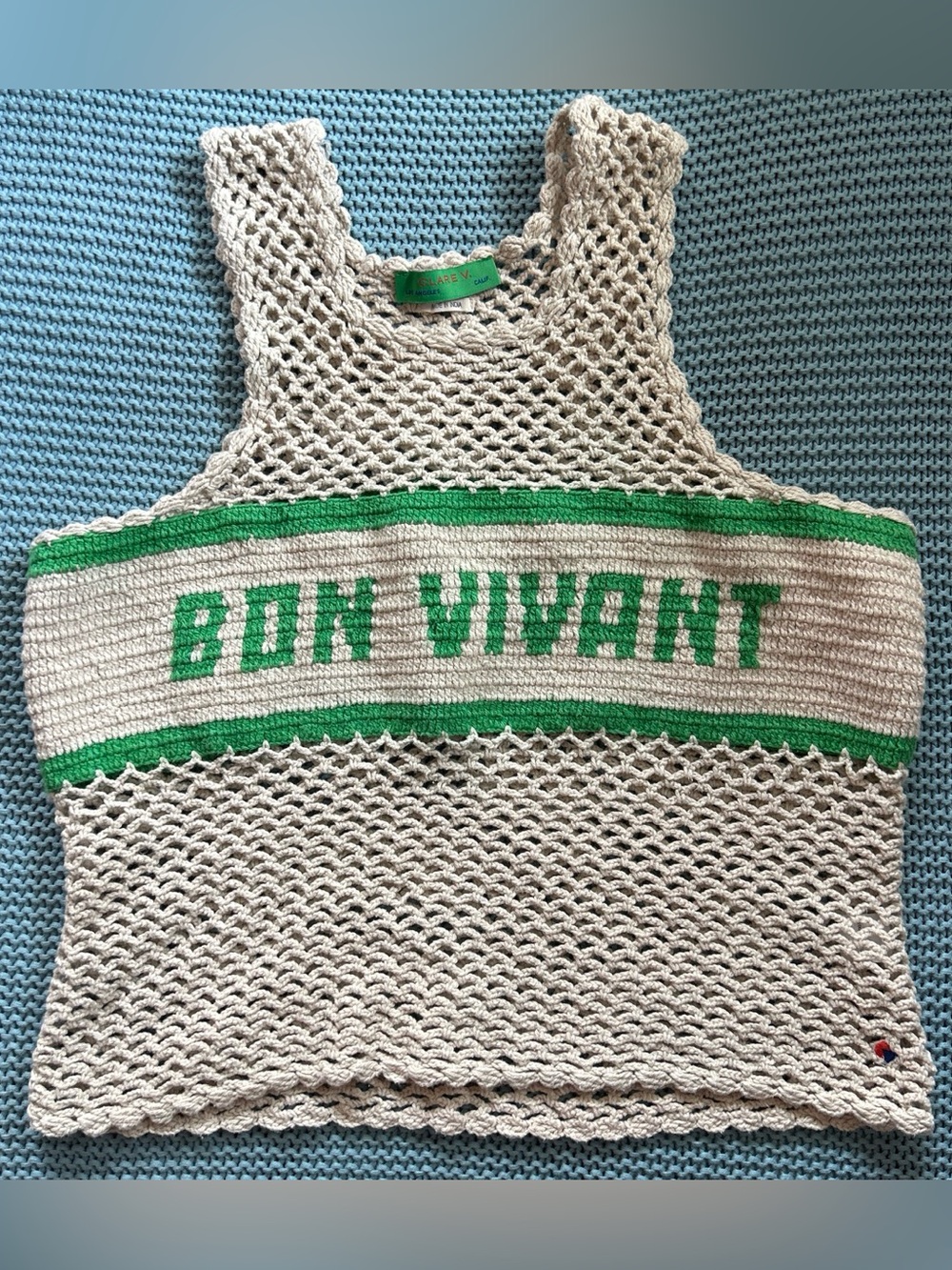 Clare V Bon Vivant Nettie Crochet Tank Top in Cream and Green